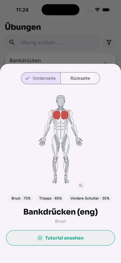 Übungen-Tab: Muskeldiagramm für enges Bankdrücken mit Brust, Trizeps und vorderer Schulter