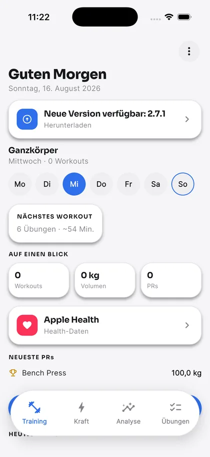 Training-Tab: das nächste Workout, Wochentage und Kennzahlen auf einen Blick